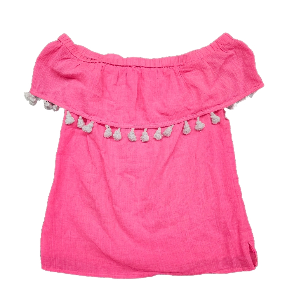 Sail to Sable Hot Pink Off-The-Shoulder Crinkle Pom Pom Top Size XS Boho Blouse